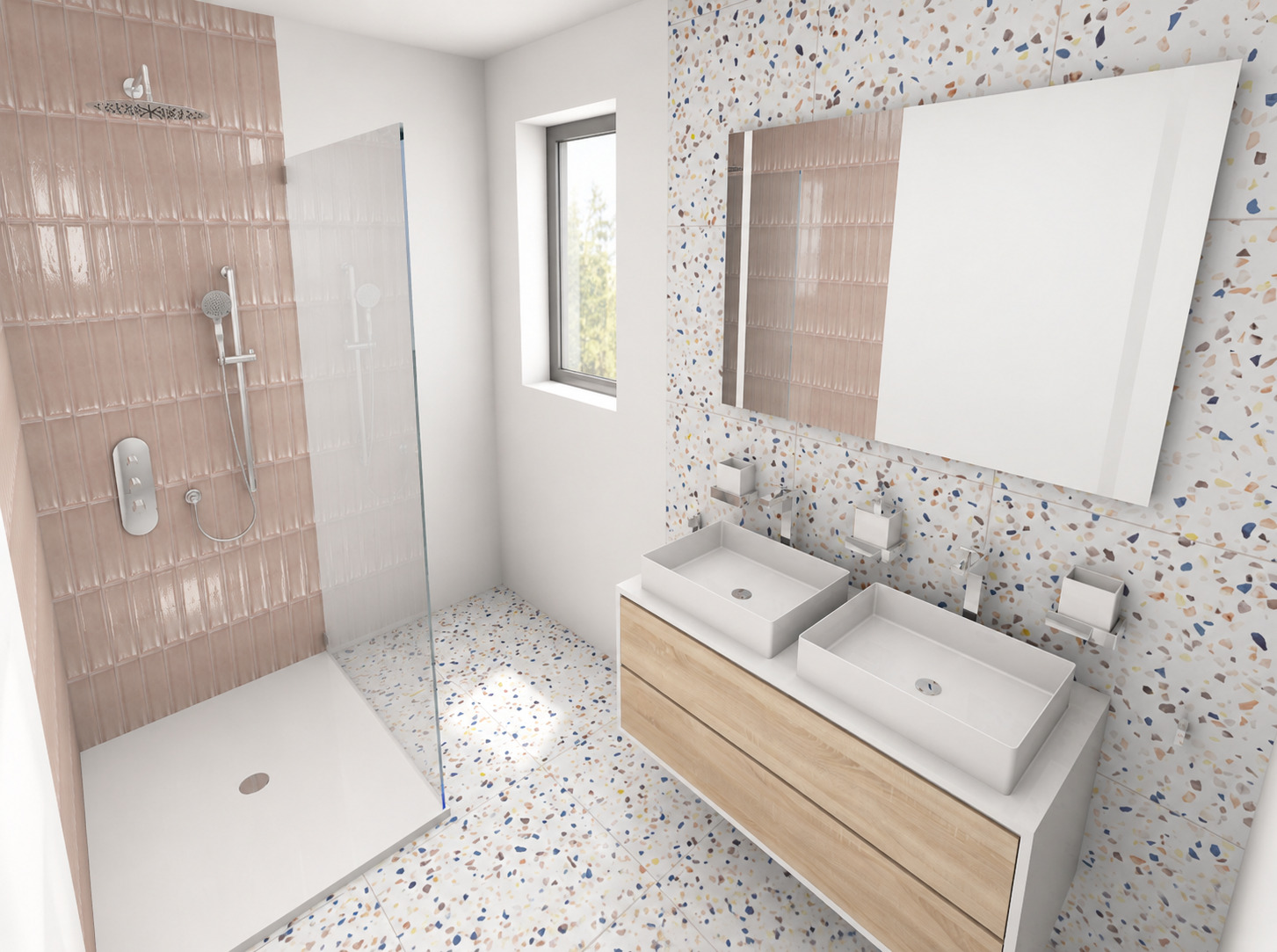 Simulation 3D d’une salle de bains en terrazzo et carrelage rose poudré
