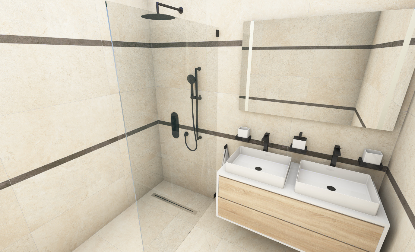 Simulation 3D d’une salle de bains crème avec robinetterie noire