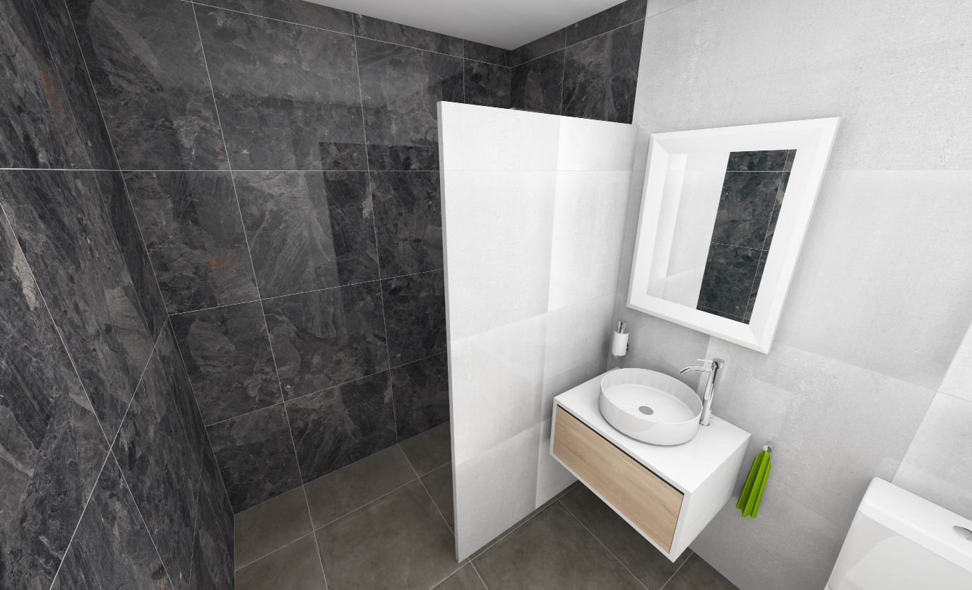 Simulation 3D d’une salle de bains en marbre noir et blanc avec vasque à poser
