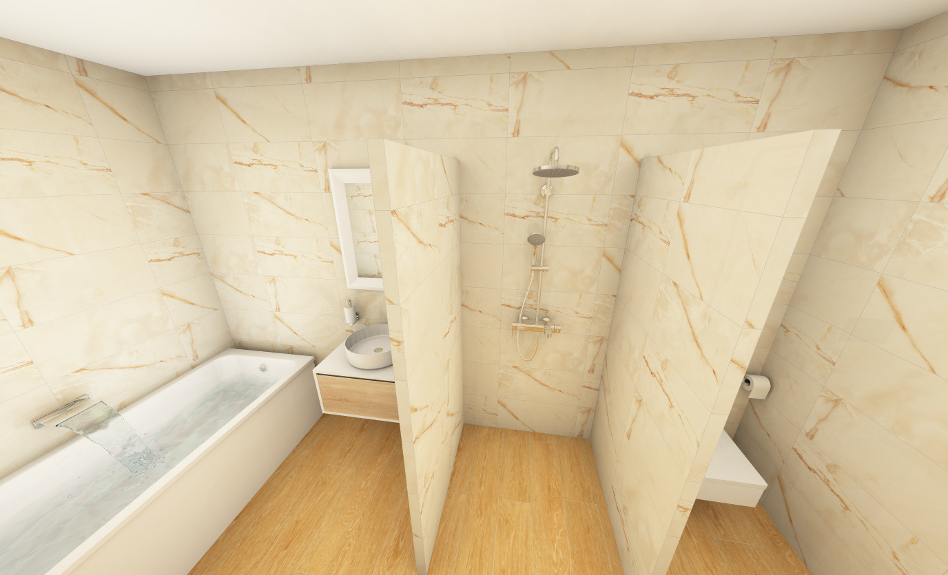Simulation 3D d’une salle de bains crème avec baignoire et décor marbré doré