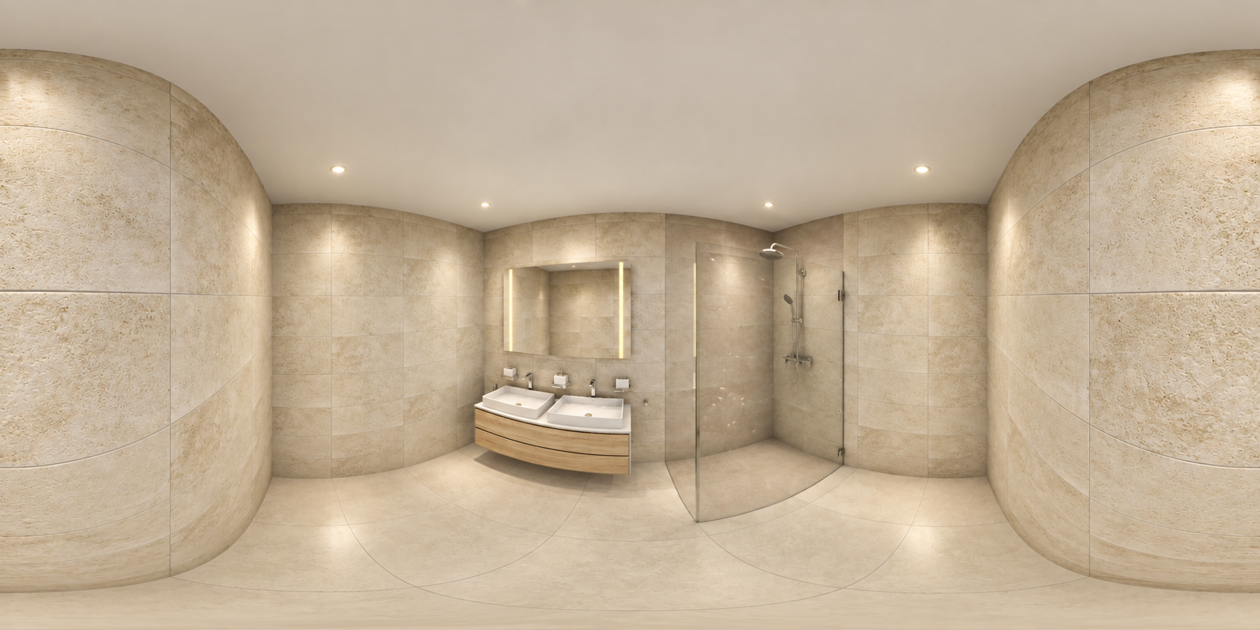 Vue panoramique photoréaliste d’une salle de bains beige avec double vasque et douche